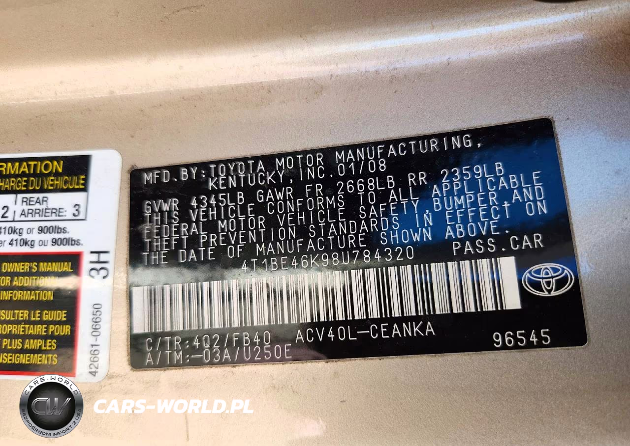2008 Toyota Camry Le VIN:4T1BE46K98U784320 - 12