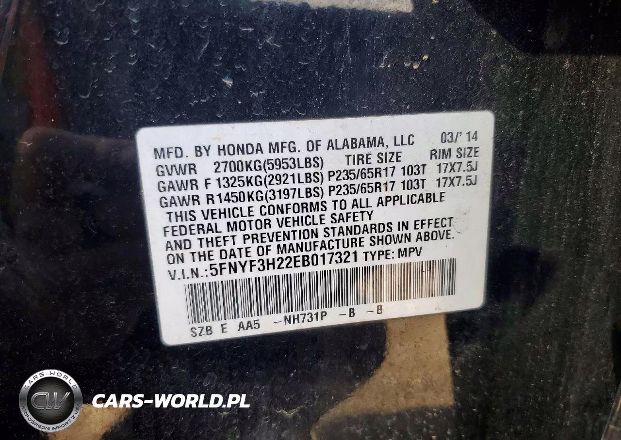 2014 Honda Pilot Lx VIN:5FNYF3H22EB017321 - 14