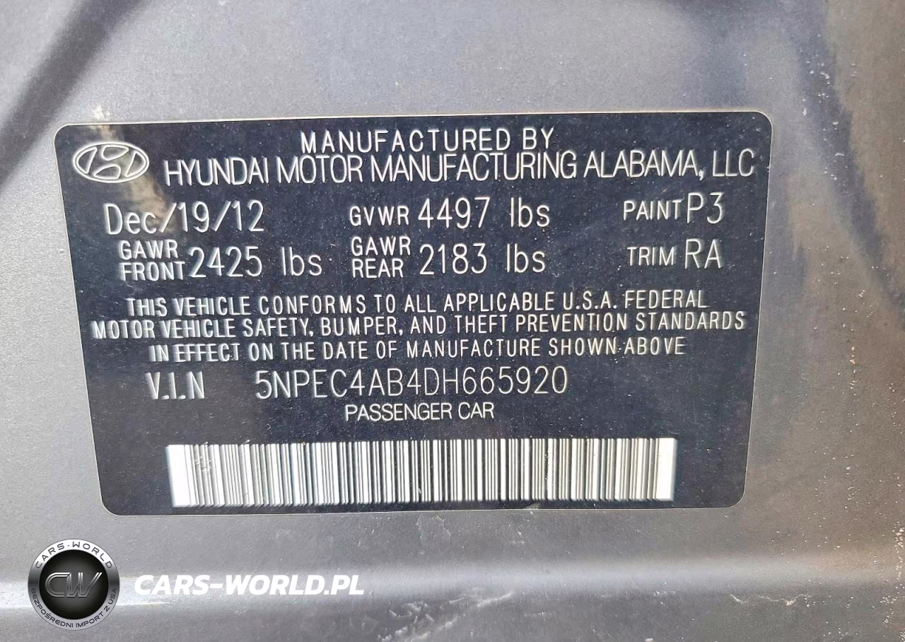 2013 Hyundai Sonata Se VIN:5NPEC4AB4DH665920 - 12