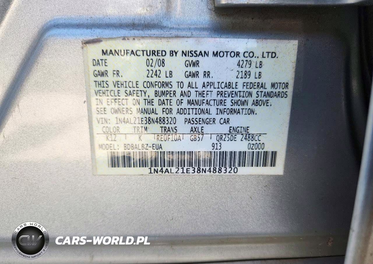 2008 Nissan Altima 2.5 VIN:1N4AL21E38N488320 - 12