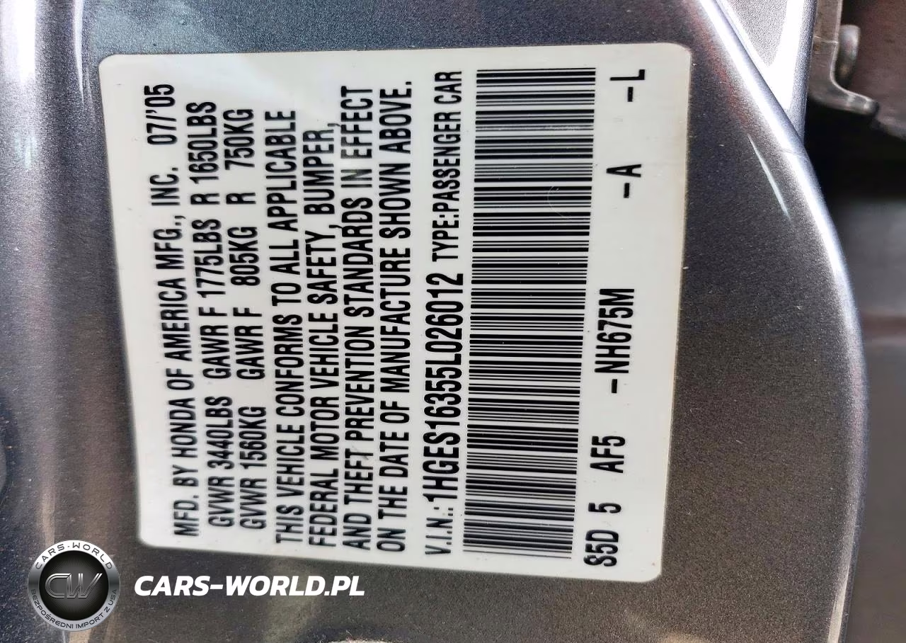 2005 Honda Civic Dx Vp VIN:1HGES16355L026012 - 12