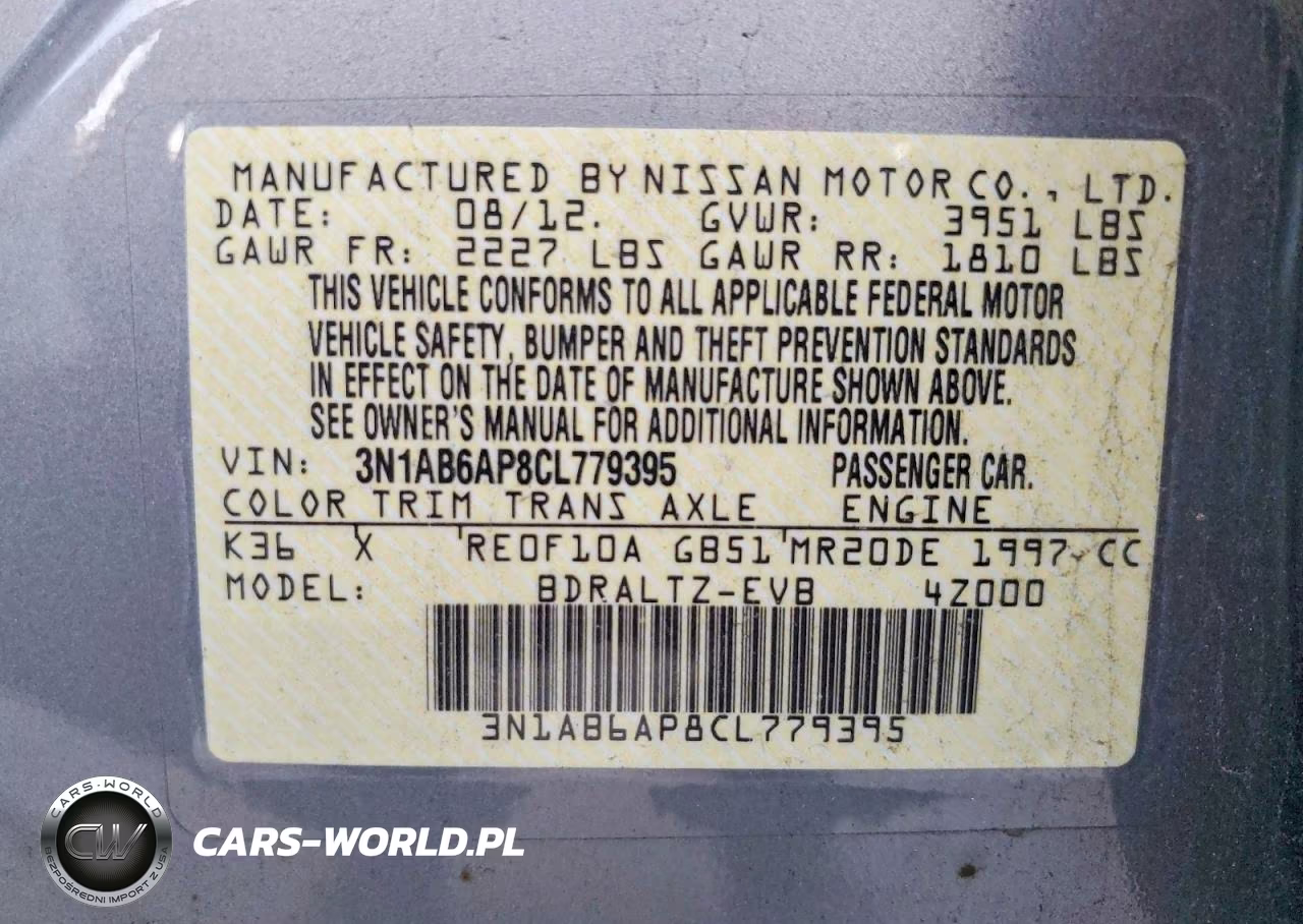 2012 Nissan Sentra 2.0 VIN:3N1AB6AP8CL779395 - 12