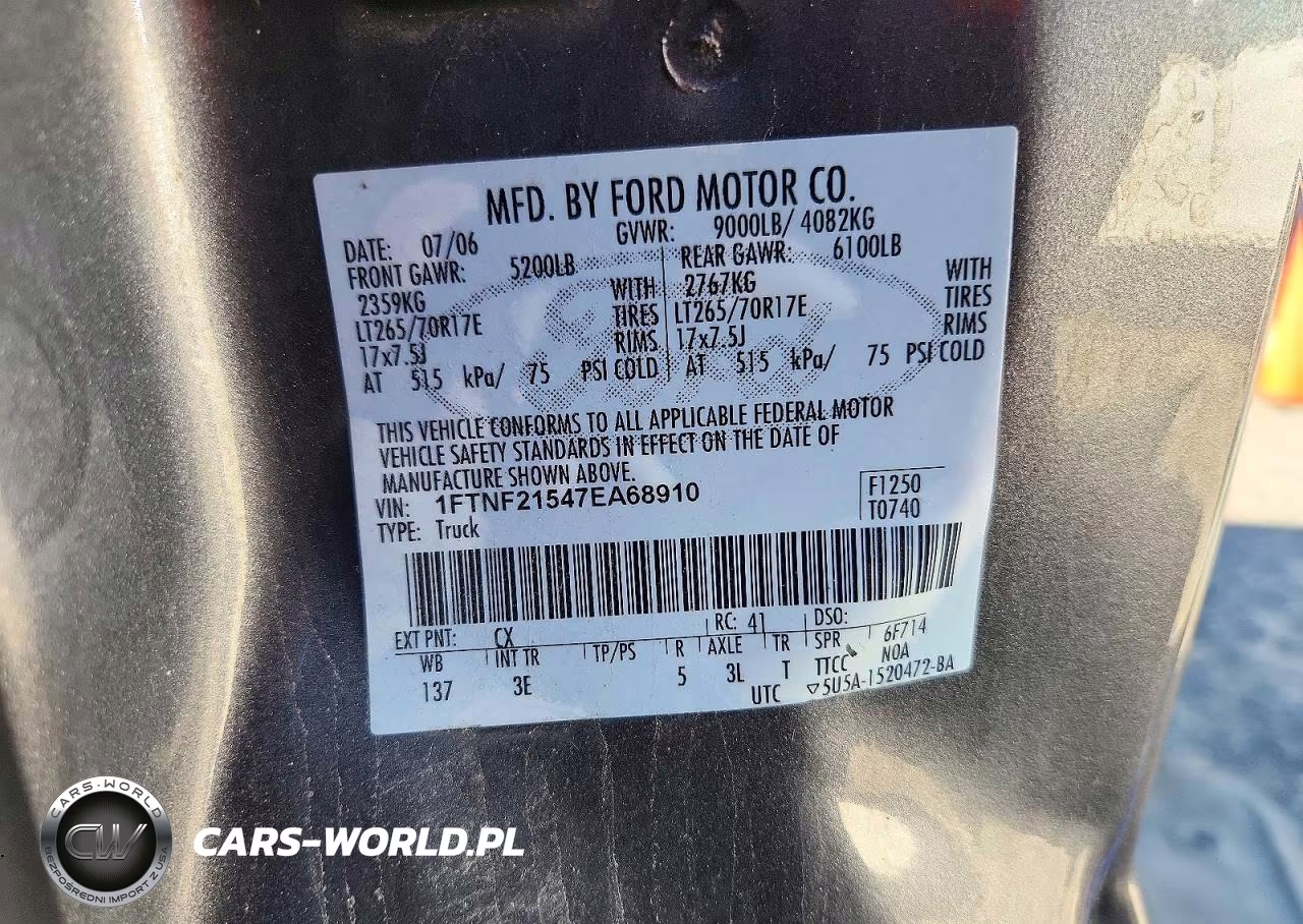 2007 Ford F250 Super Duty VIN:1FTNF21547EA68910 - 12