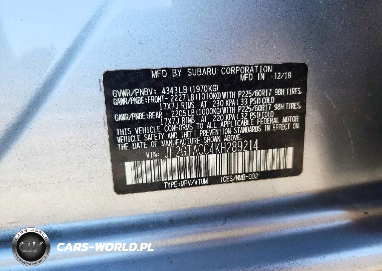 2019 Subaru Crosstrek Premium VIN:JF2GTACC4KH289214 - 14