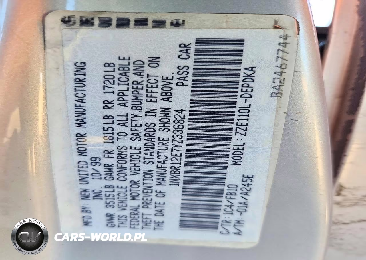 2000 Toyota Corolla Ve VIN:1NXBR12E7YZ336824 - 12