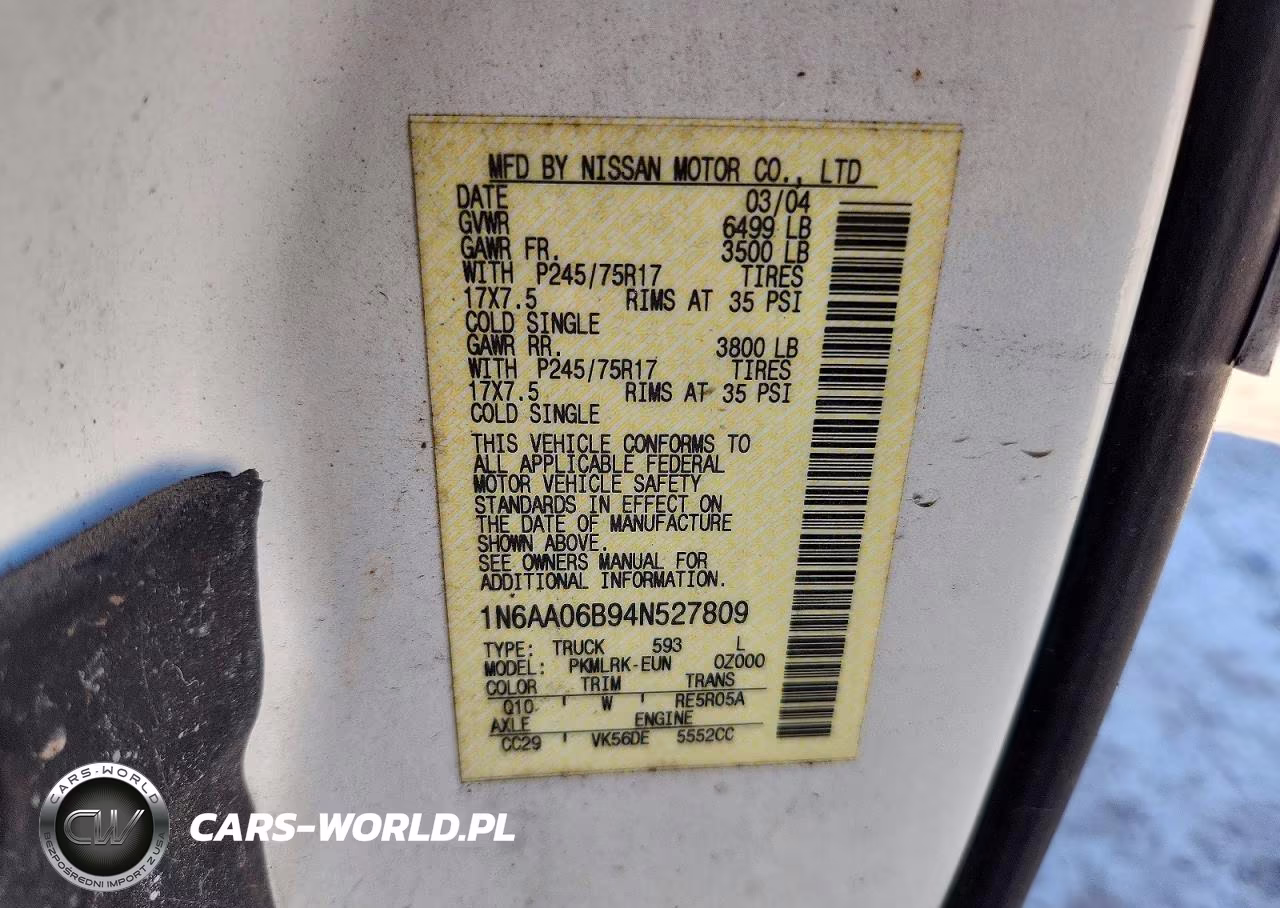 2004 Nissan Titan Xe VIN:1N6AA06B94N527809 - 12