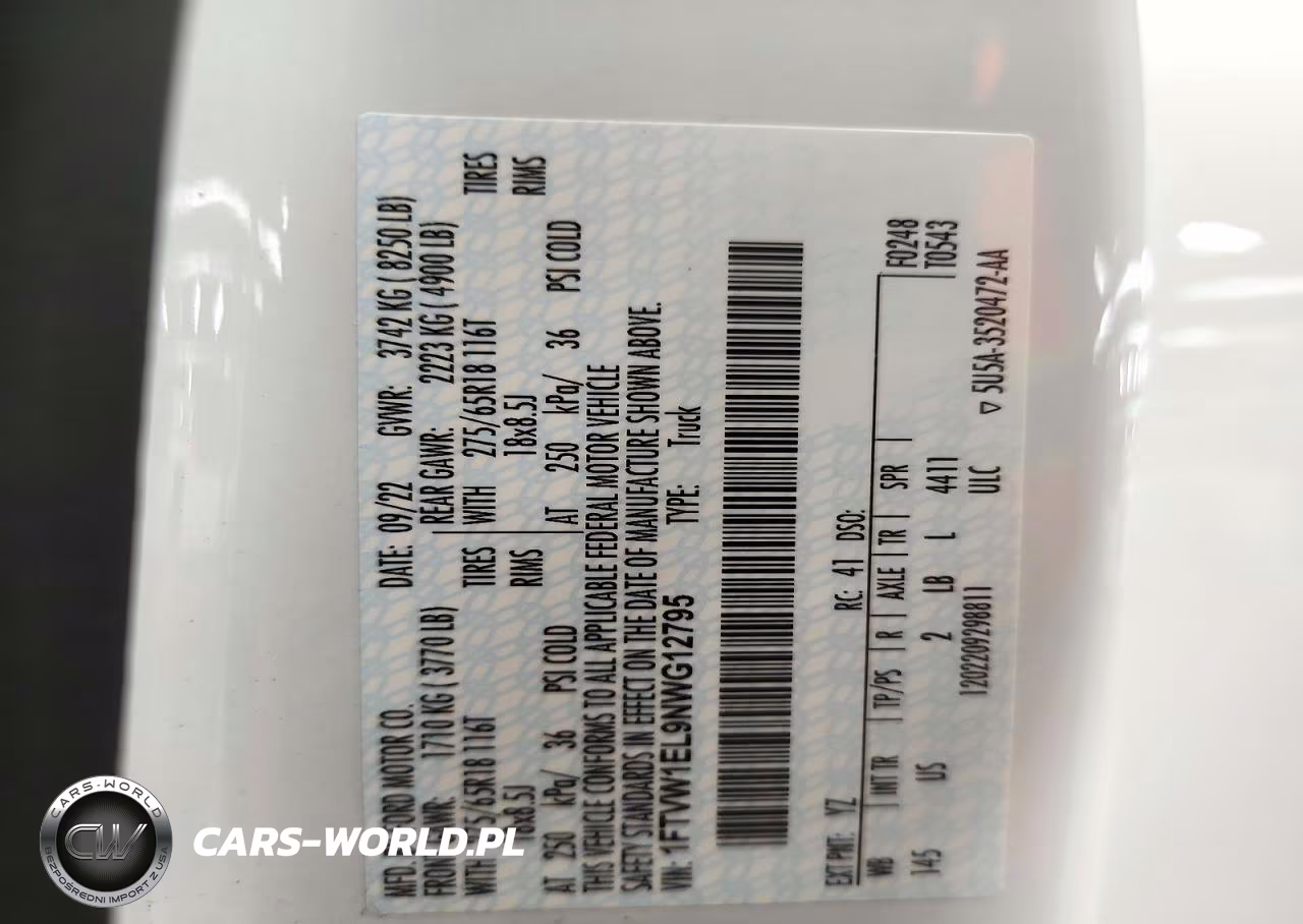 2022 Ford F150 Lightning Pro VIN:1FTVW1EL9NWG12795 - 12