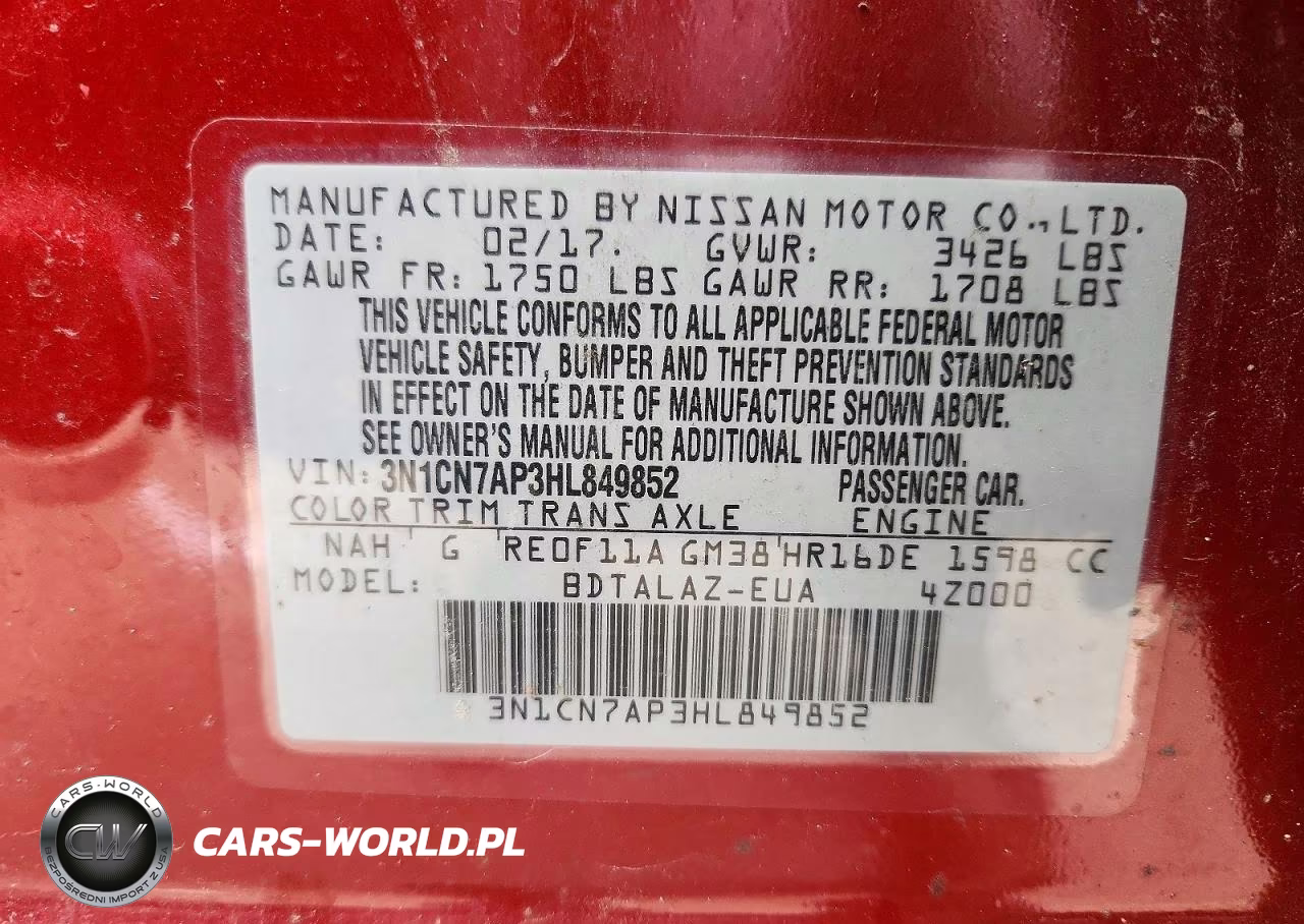 2017 Nissan Versa 1.6 S Plus VIN:3N1CN7AP3HL849852 - 12