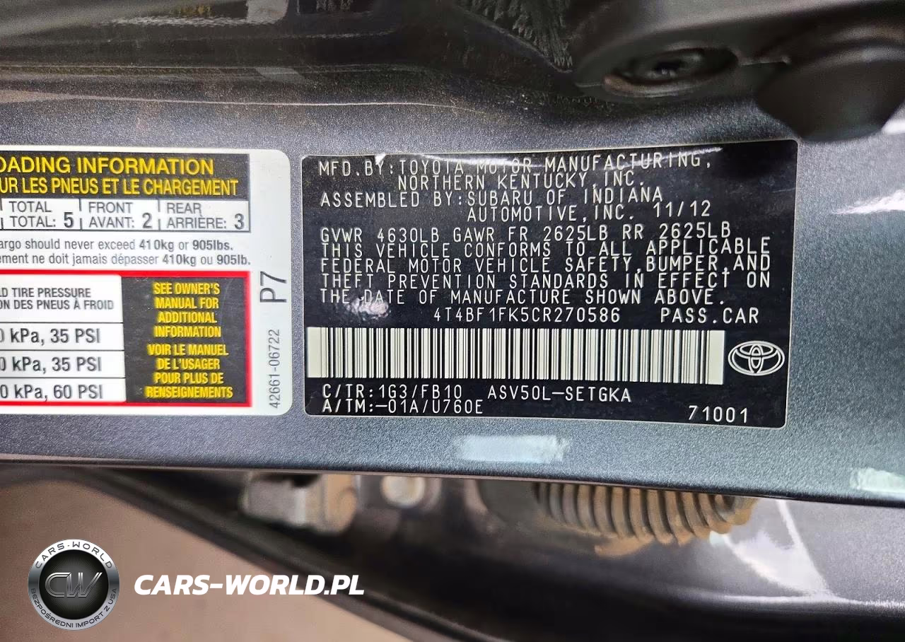 2012 Toyota Camry Xle VIN:4T4BF1FK5CR270586 - 12