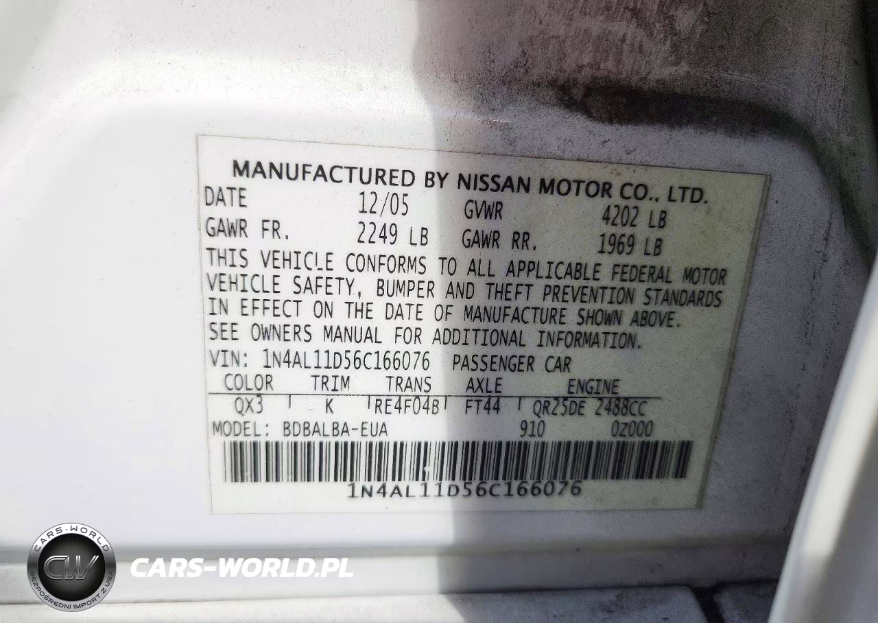 2006 Nissan Altima 2.5 VIN:1N4AL11D56C166076 - 12