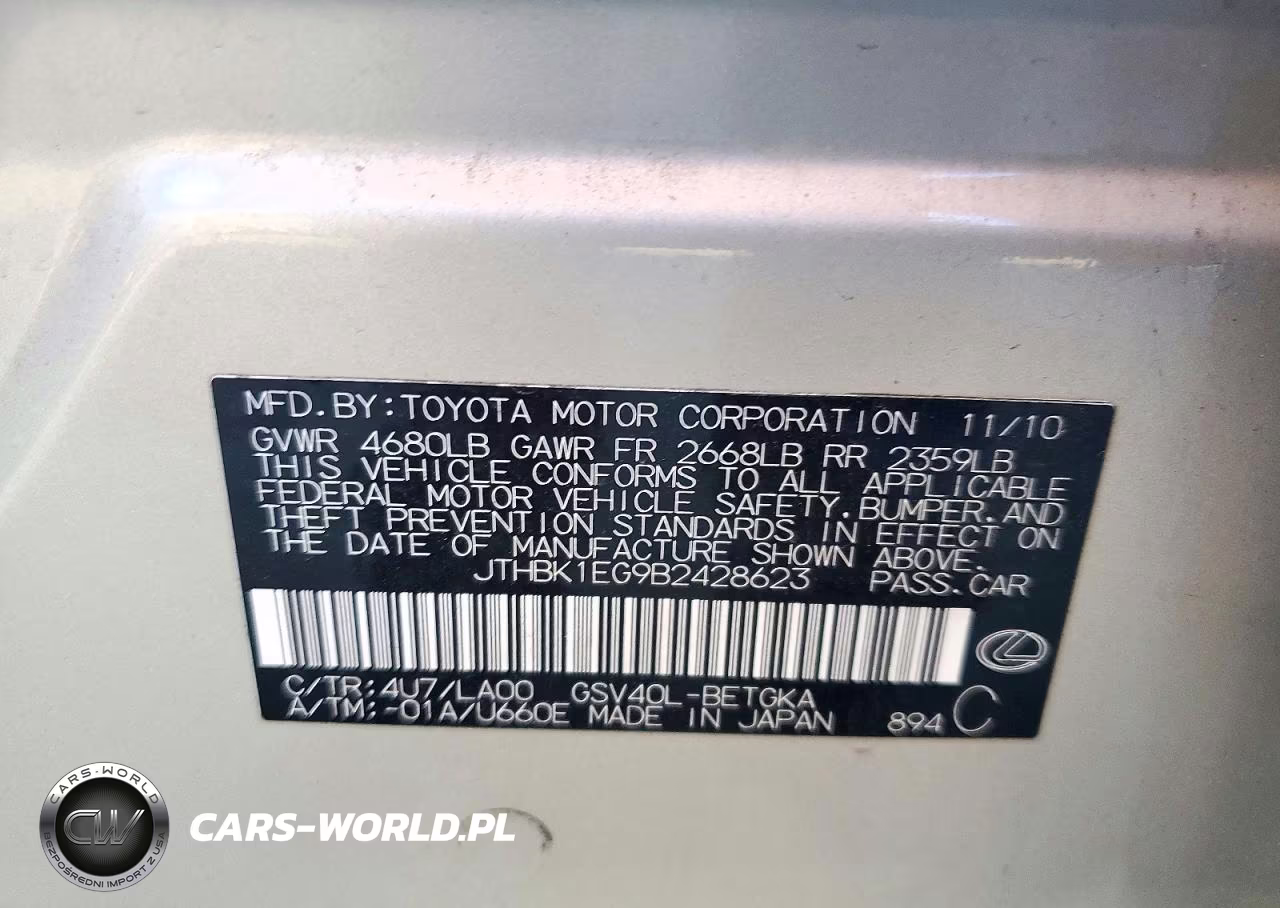 2011 Lexus Es 350 VIN:JTHBK1EG9B2428623 - 12
