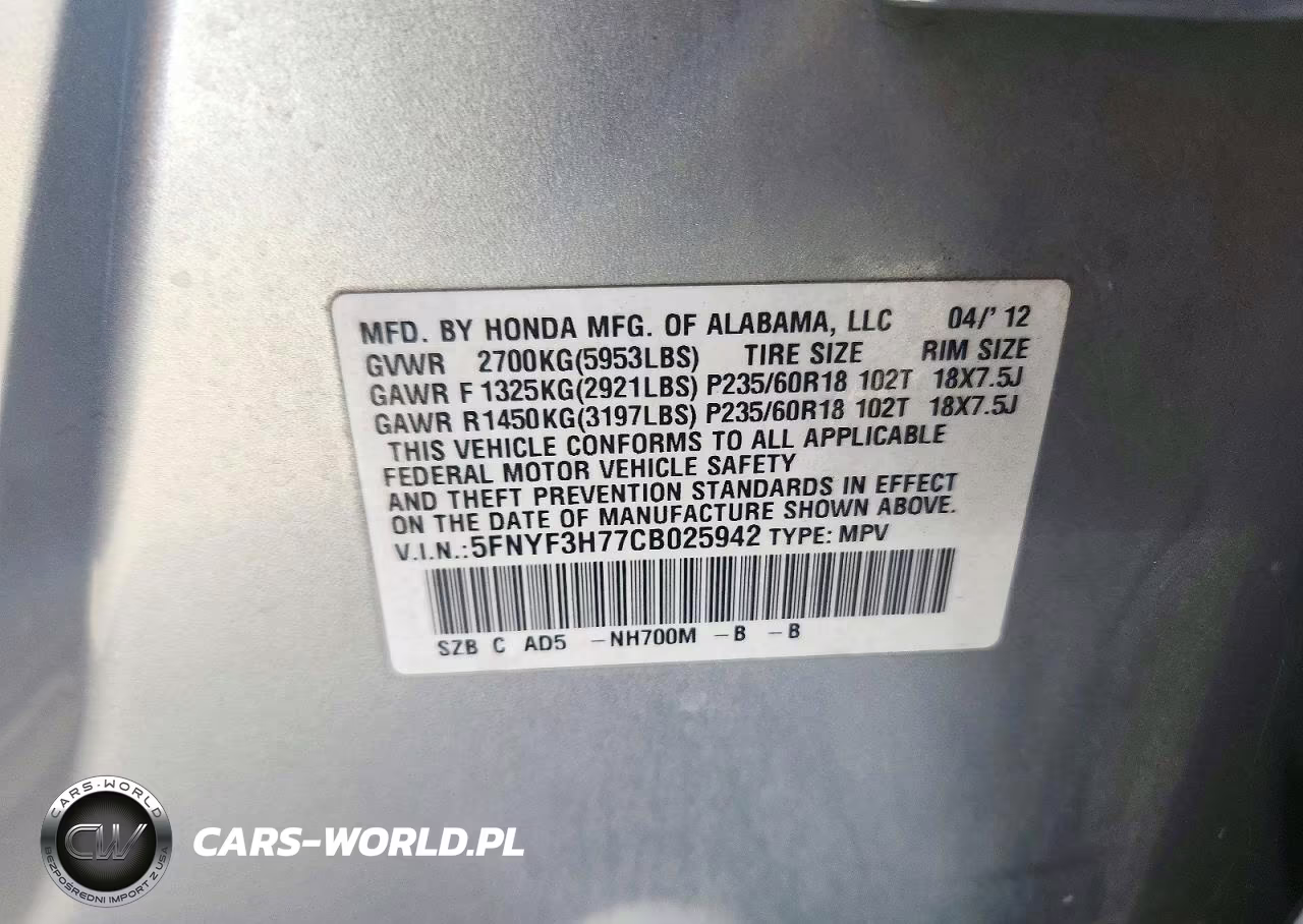 2012 Honda Pilot Exln VIN:5FNYF3H77CB025942 - 14