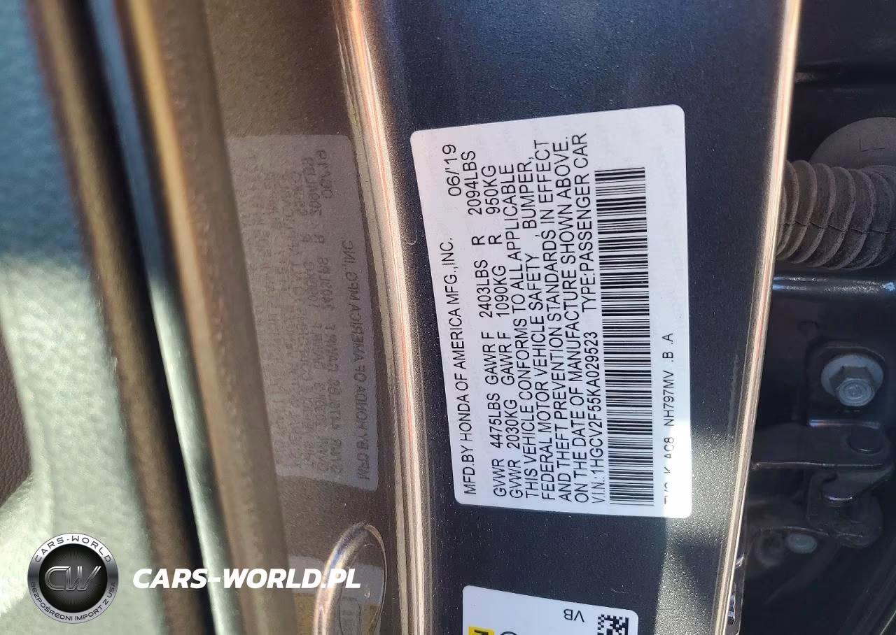2019 Honda Accord Exl VIN:1HGCV2F55KA029523 - 12