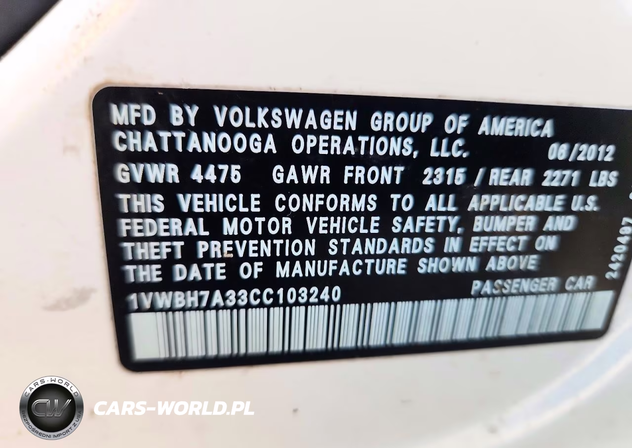2012 Volkswagen Passat Se VIN:1VWBH7A33CC103240 - 12