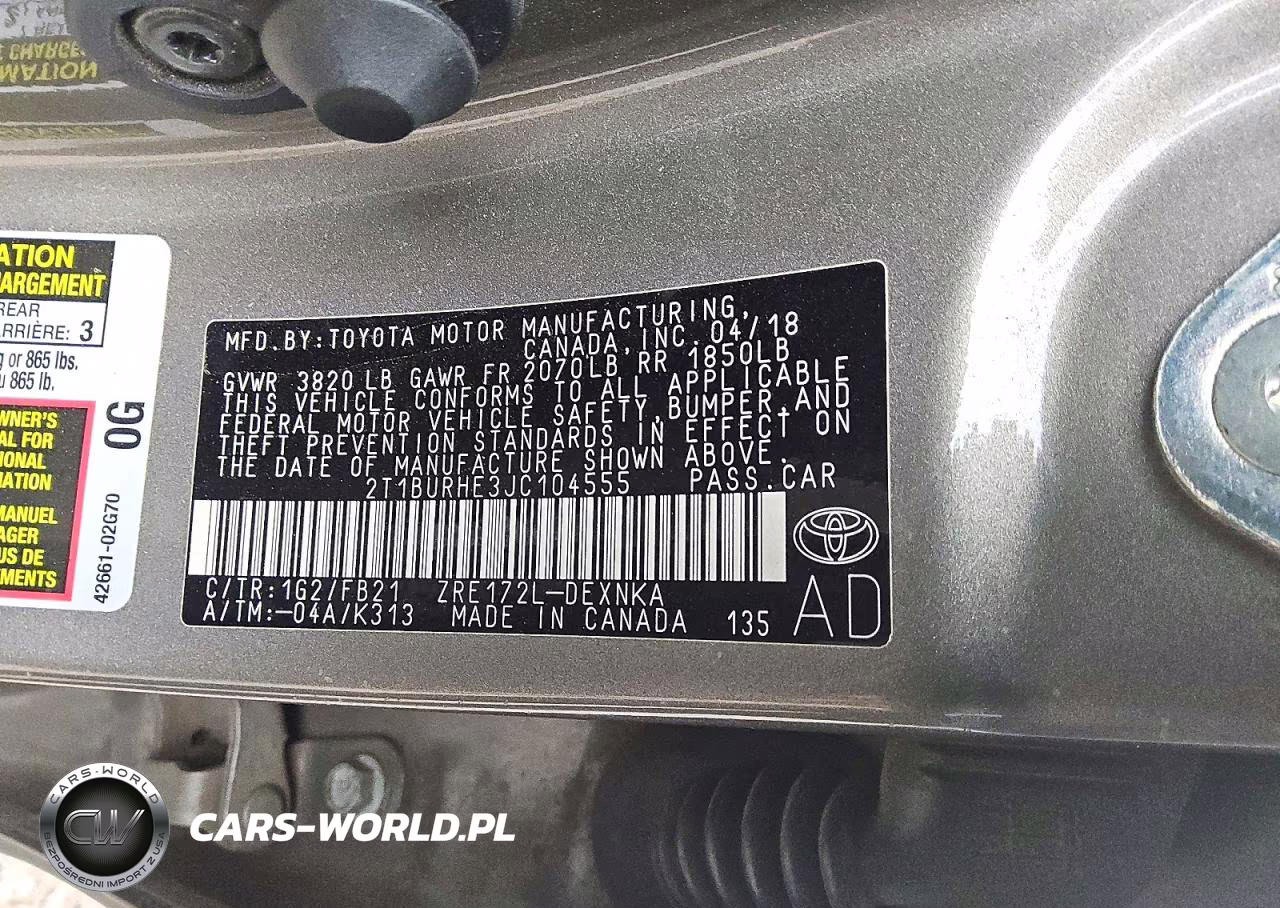 2018 Toyota Corolla Le VIN:2T1BURHE3JC104555 - 12