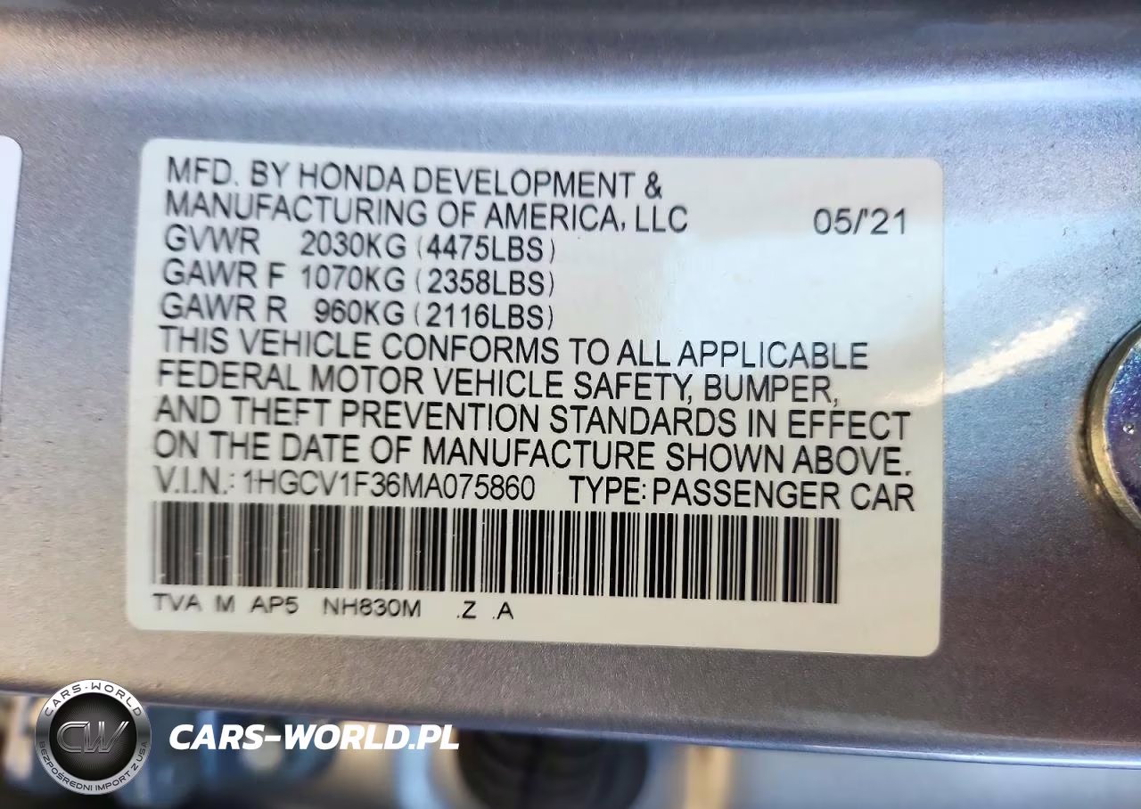 2021 Honda Accord Sport VIN:1HGCV1F36MA075860 - 12