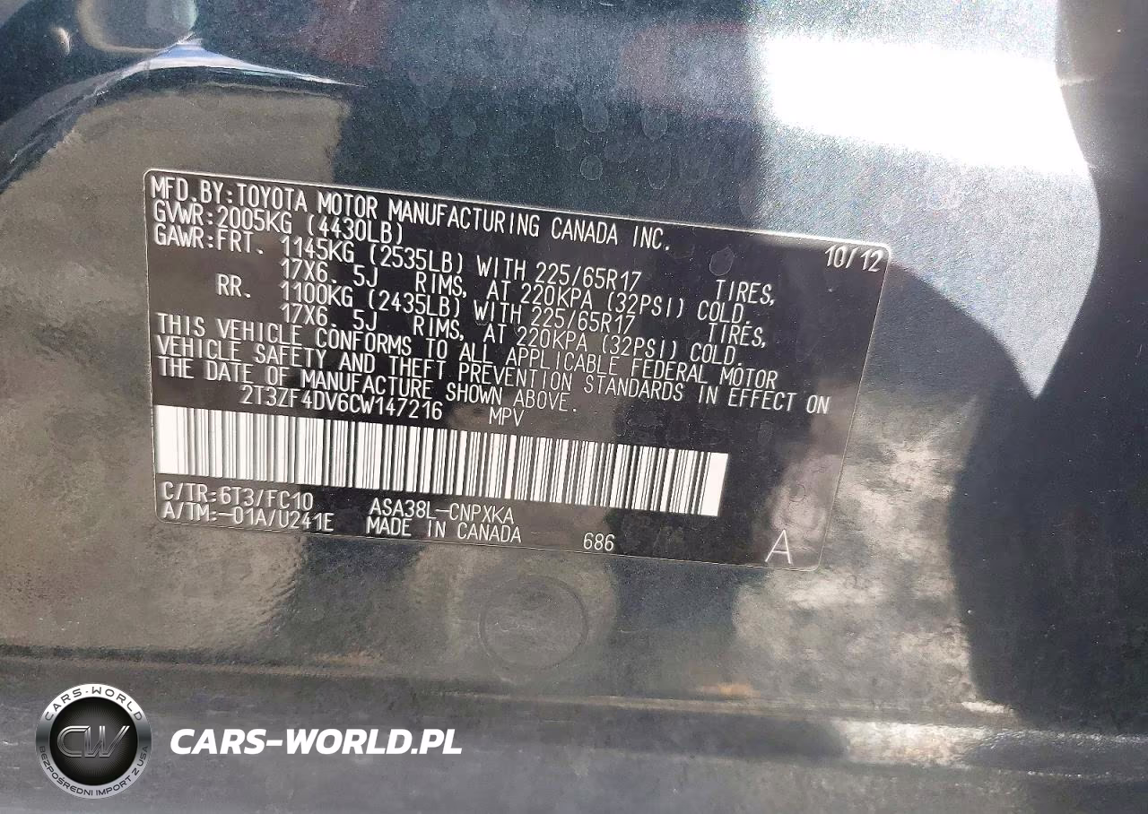 2012 Toyota Rav4 Base VIN:2T3ZF4DV6CW147216 - 13