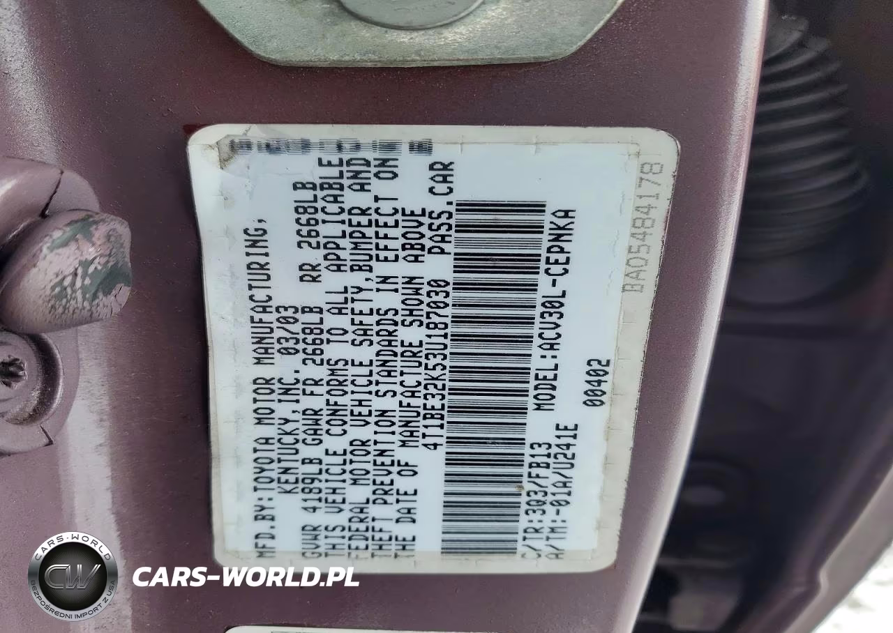 2003 Toyota Camry Le VIN:4T1BE32K53U187030 - 12
