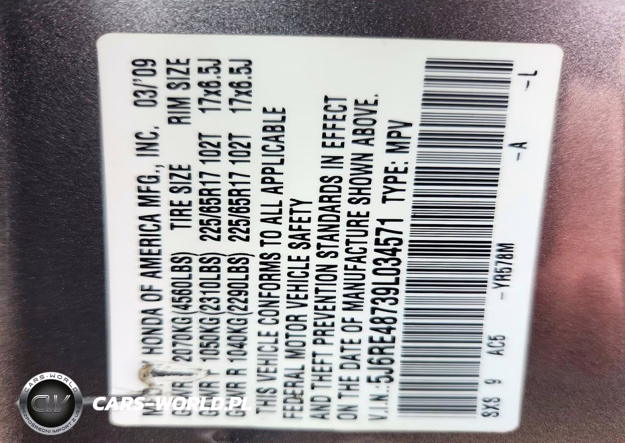 2009 Honda Cr-V Exl VIN:5J6RE48739L034571 - 13