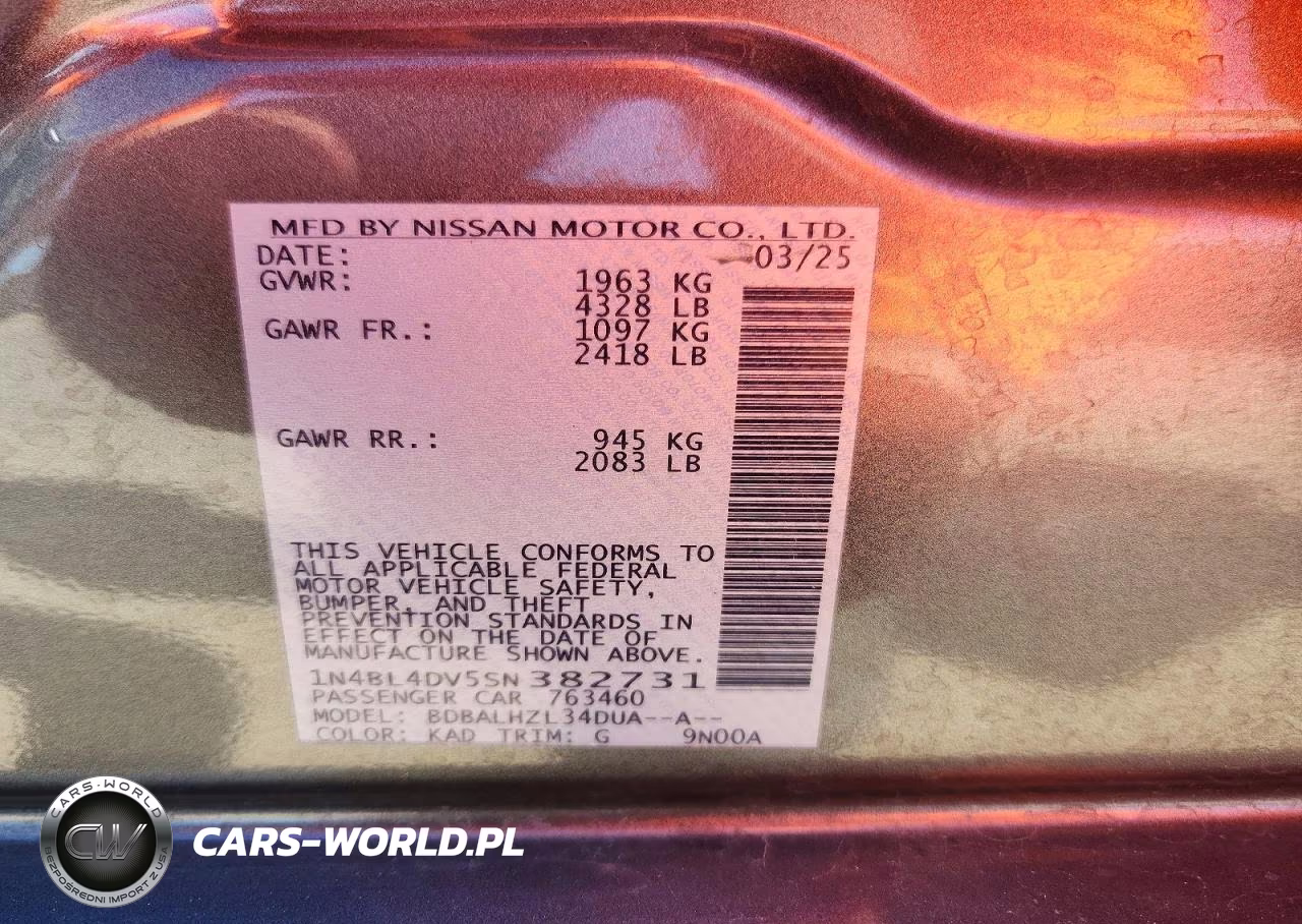 2025 Nissan Altima Sv VIN:1N4BL4DV5SN382731 - 12