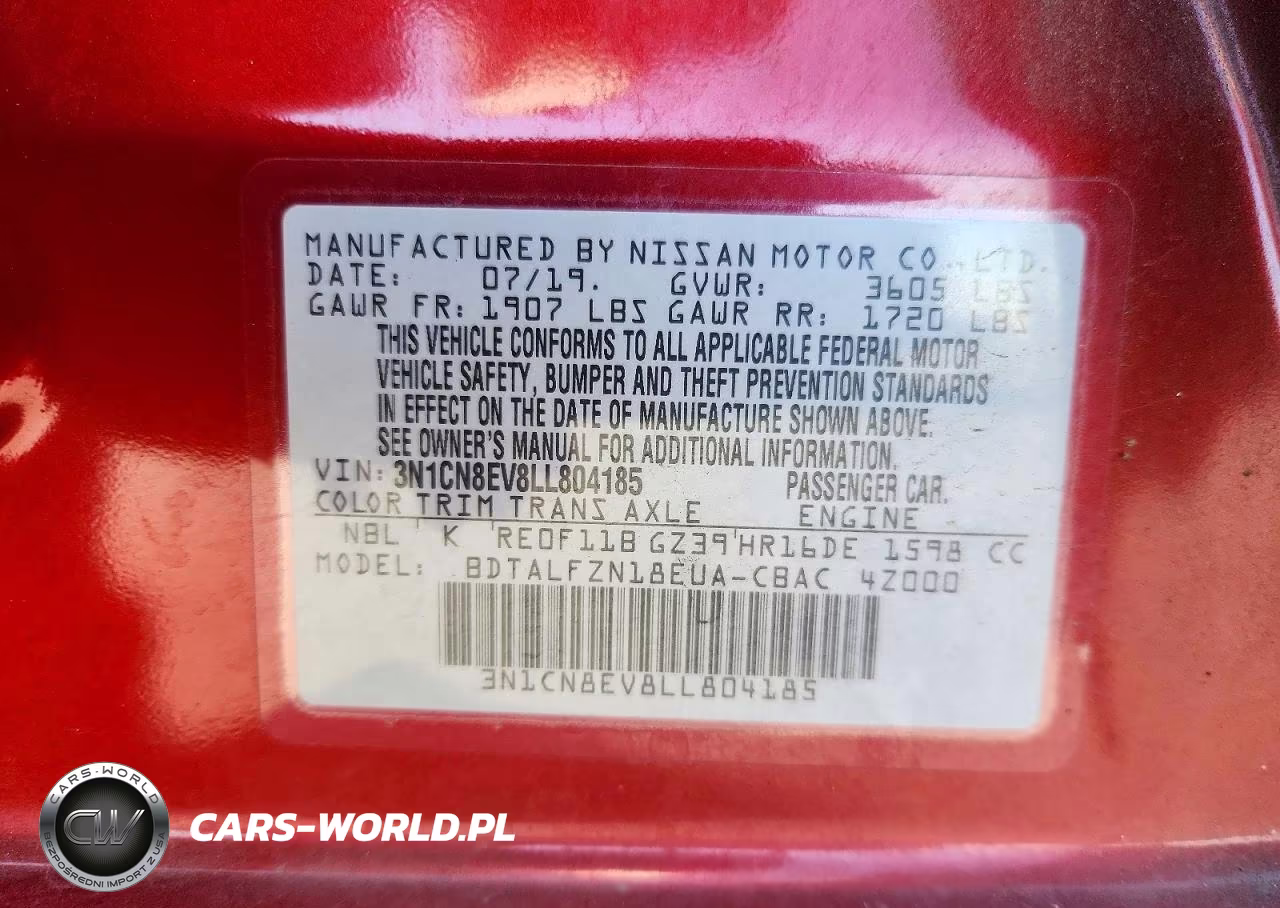 2020 Nissan Versa Sv VIN:3N1CN8EV8LL804185 - 12