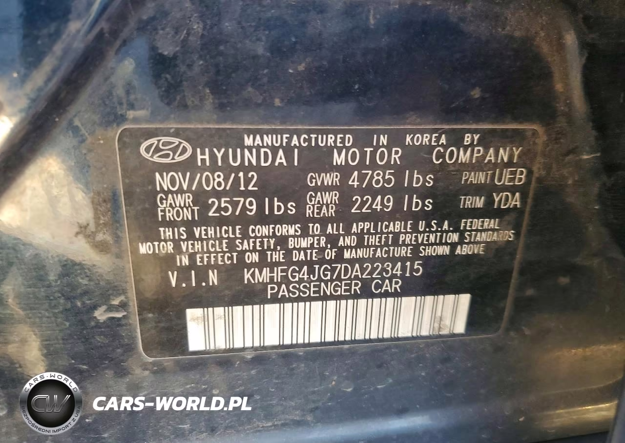 2013 Hyundai Azera VIN:KMHFG4JG7DA223415 - 12