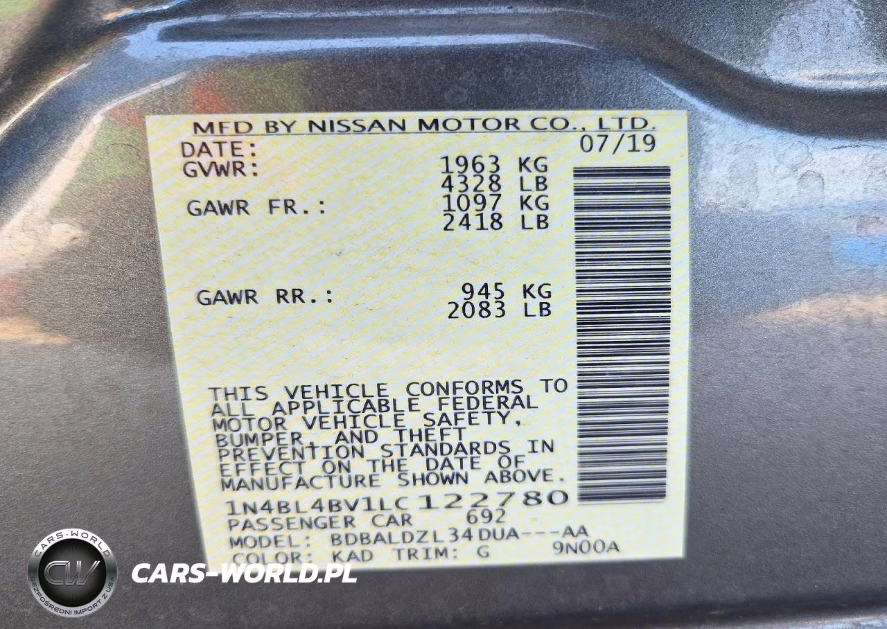2020 Nissan Altima S VIN:1N4BL4BV1LC122780 - 12