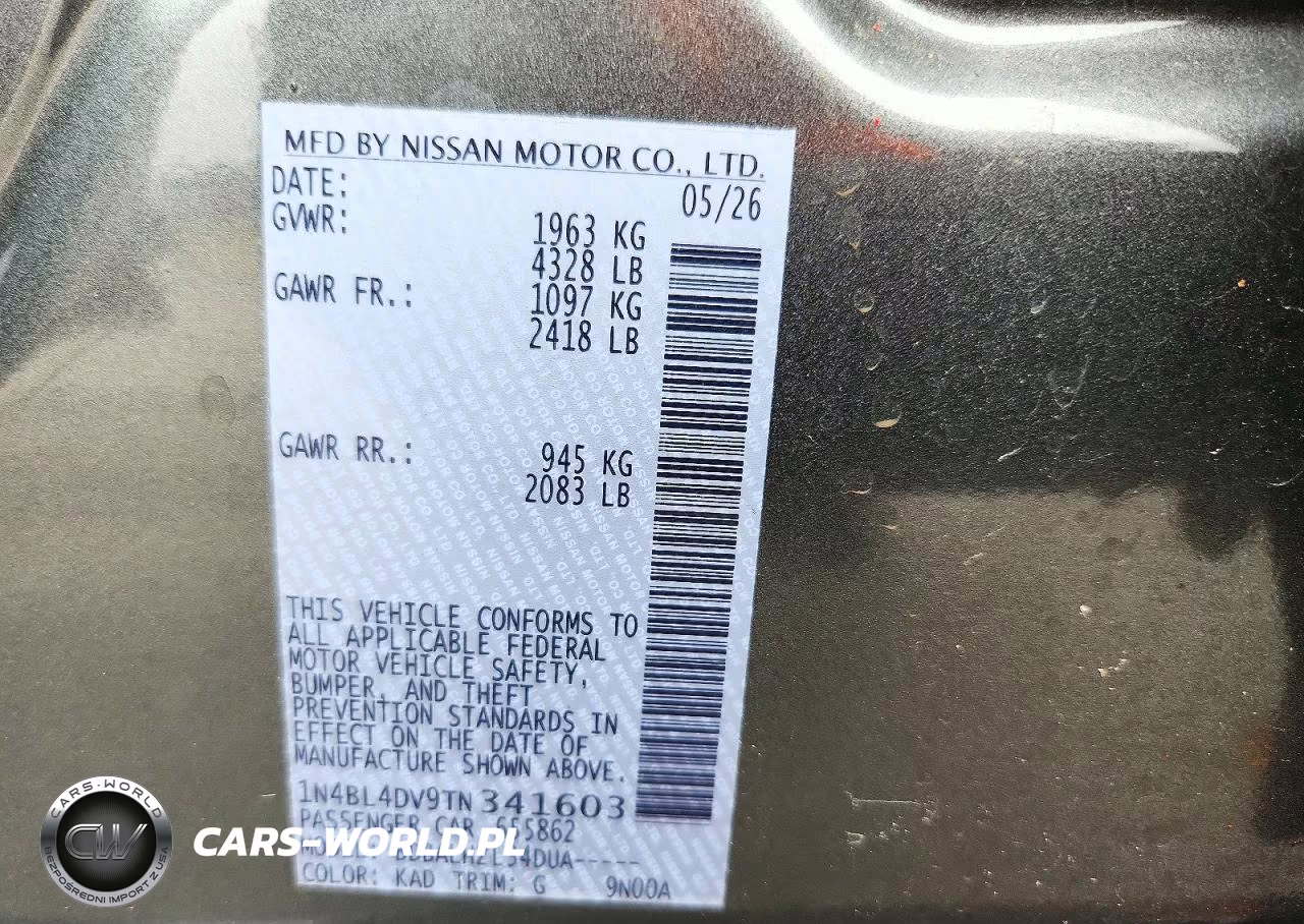 2026 Nissan Altima Sv VIN:1N4BL4DV9TN341603 - 12