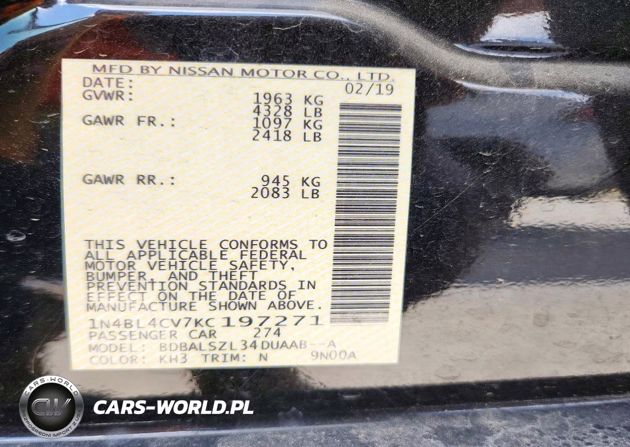 2019 Nissan Altima Sr VIN:1N4BL4CV7KC197271 - 12