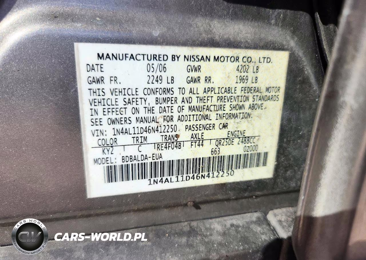 2006 Nissan Altima 2.5 VIN:1N4AL11D46N412250 - 12