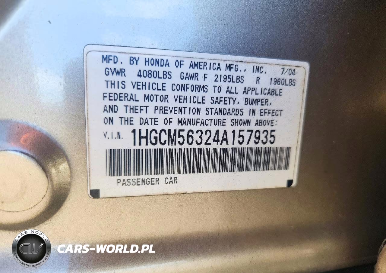 2004 Honda Accord Lx VIN:1HGCM56324A157935 - 12