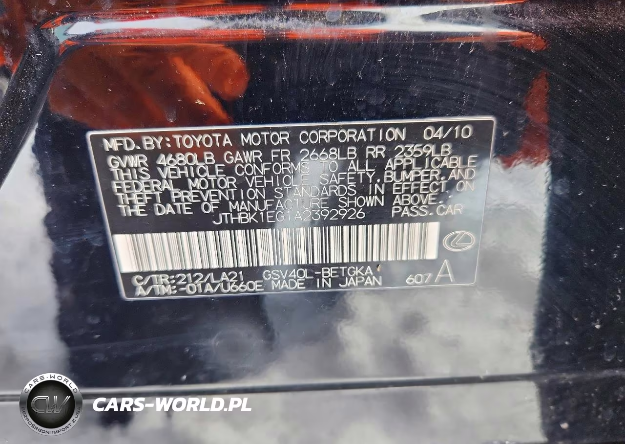 2010 Lexus Es 350 VIN:JTHBK1EG1A2392926 - 12