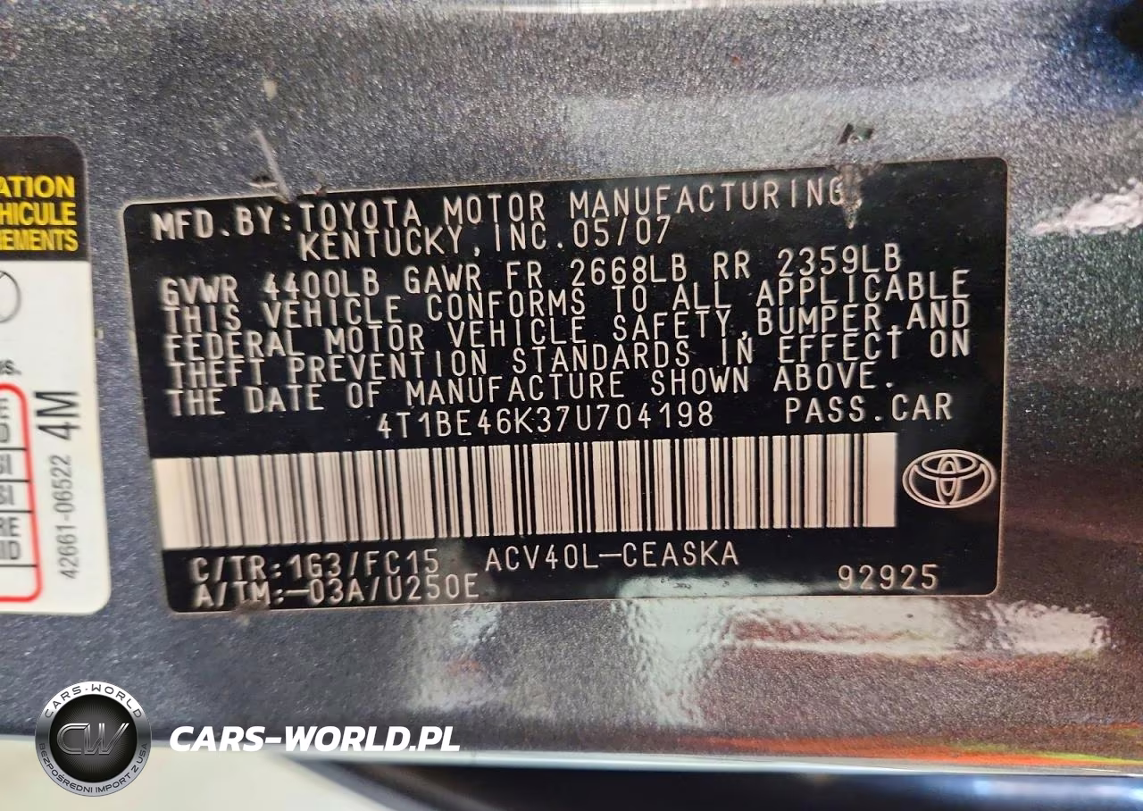 2007 Toyota Camry Se VIN:4T1BE46K37U704198 - 12