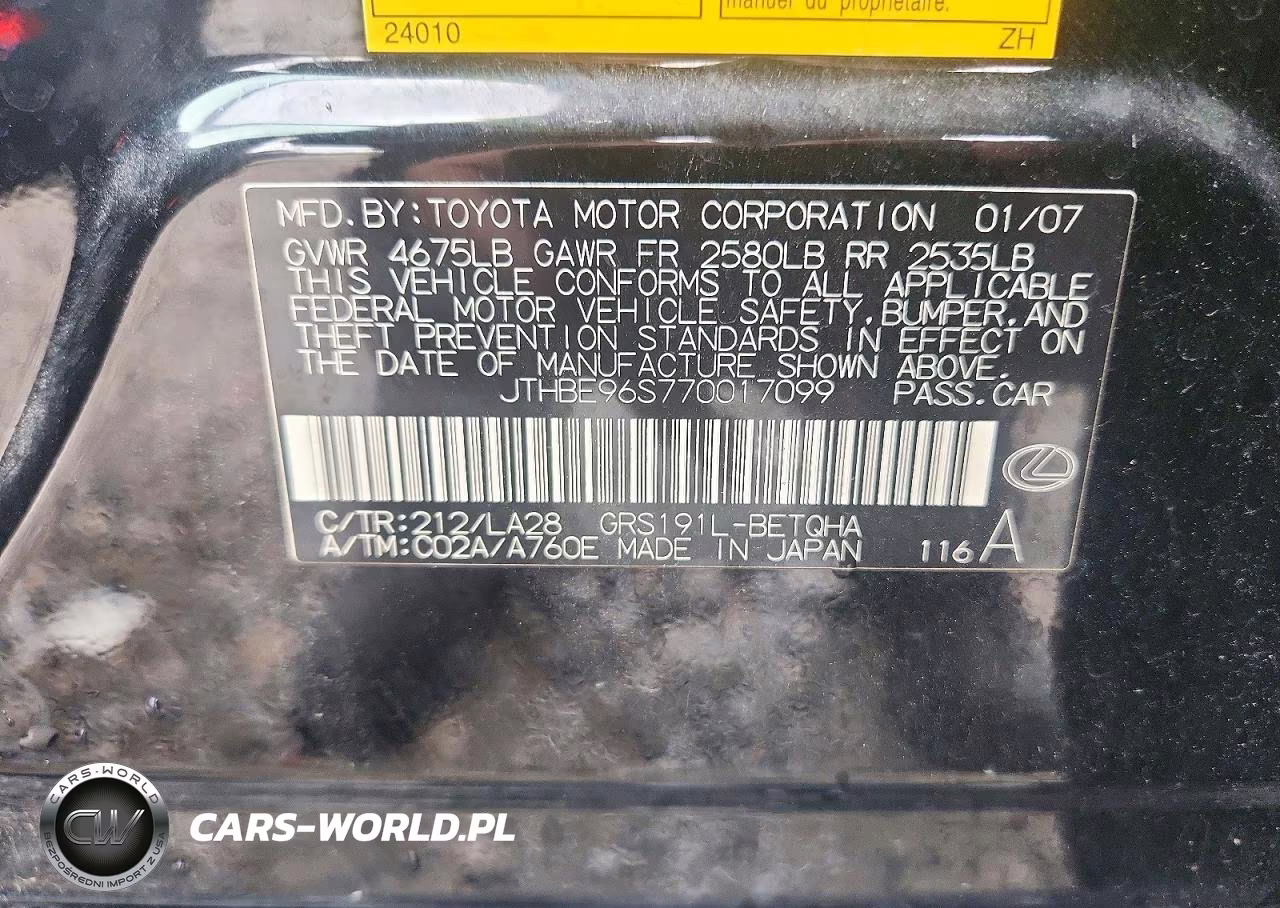 2007 Lexus Gs 350 VIN:JTHBE96S770017099 - 12