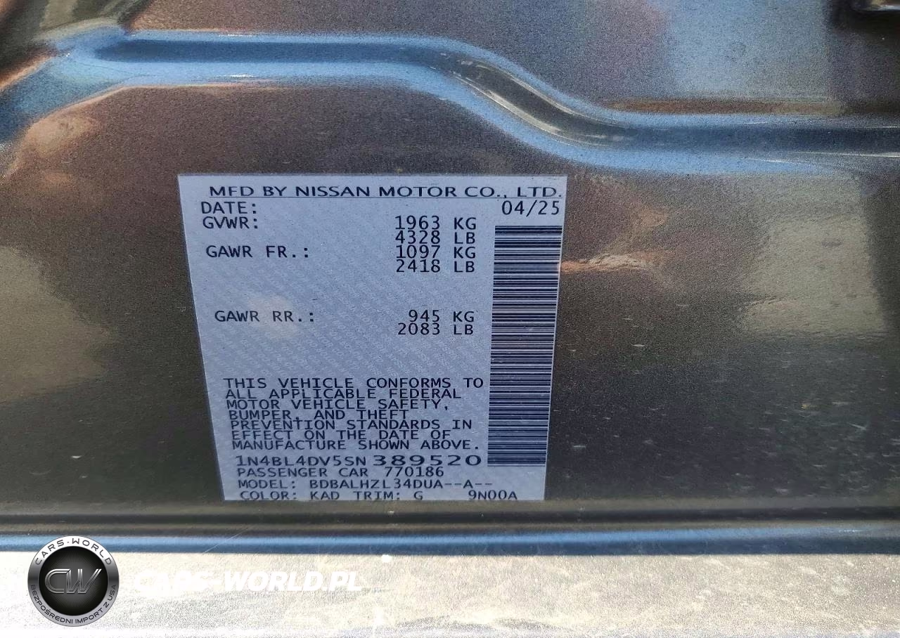 2025 Nissan Altima Sv VIN:1N4BL4DV5SN389520 - 12