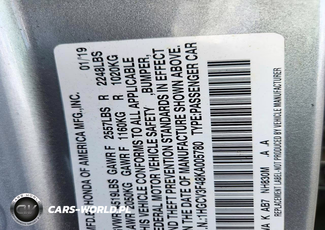 2019 Honda Accord Hybrid Ex VIN:1HGCV3F48KA005780 - 12