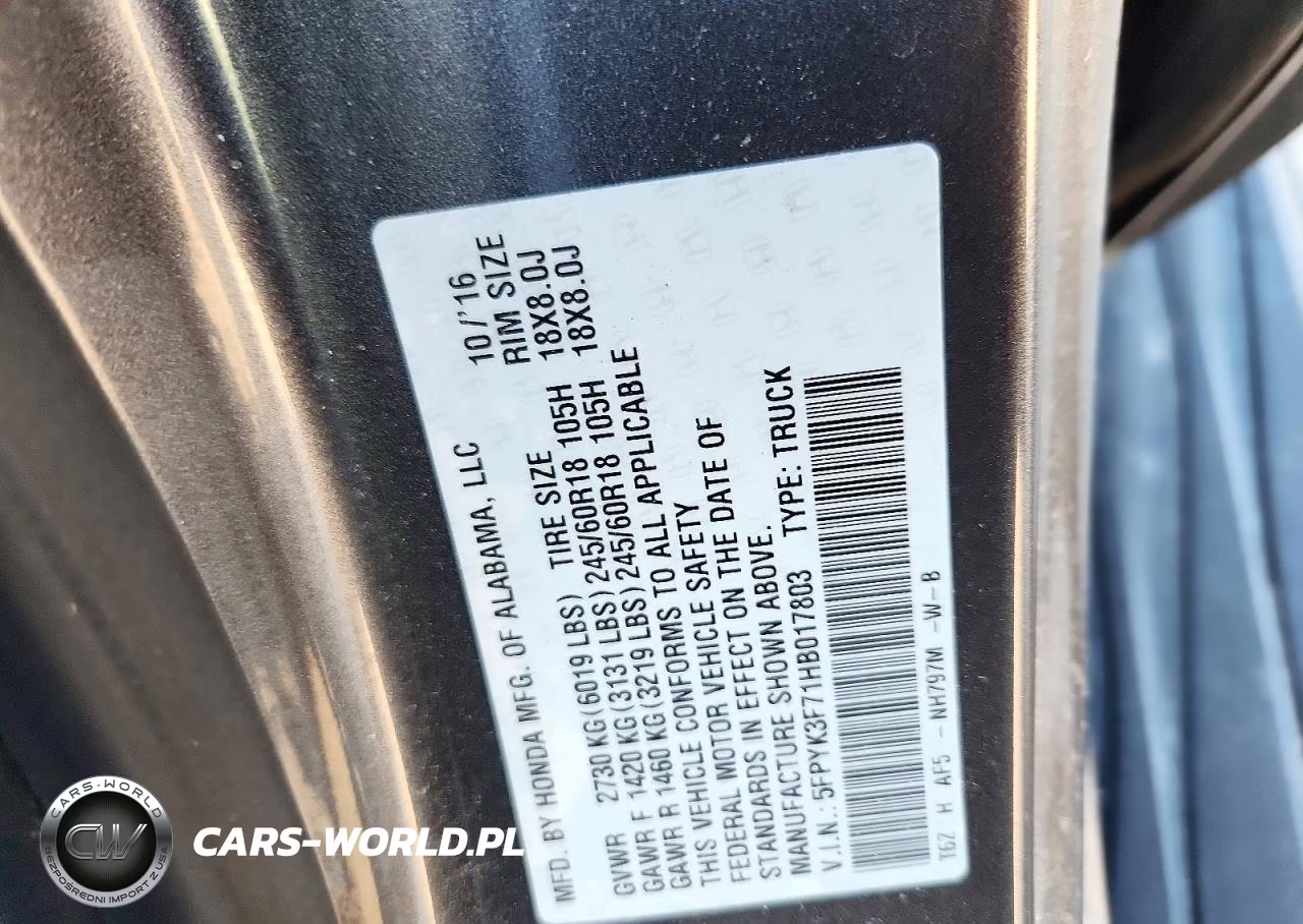 2017 Honda Ridgeline Rtl VIN:5FPYK3F71HB017803 - 12