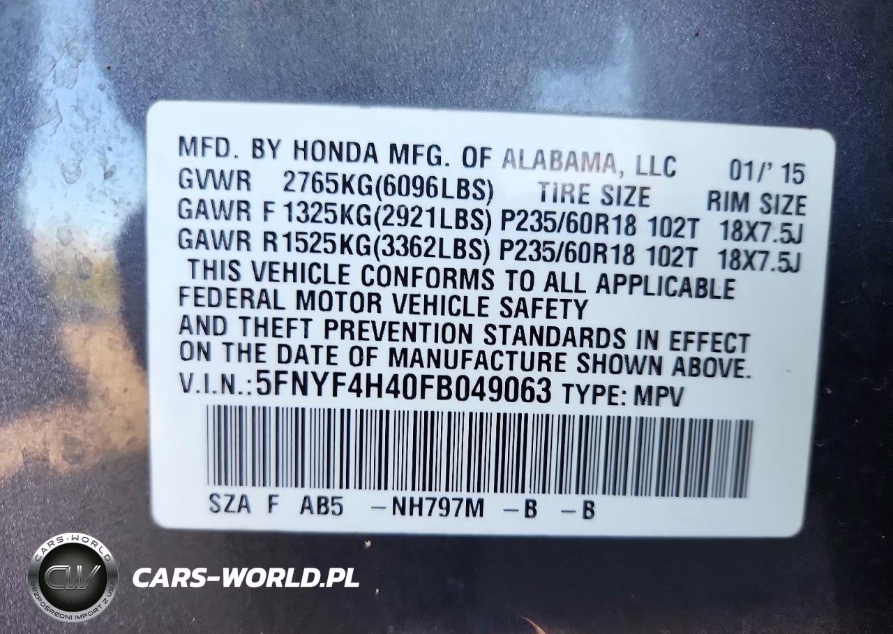 2015 Honda Pilot Ex VIN:5FNYF4H40FB049063 - 13