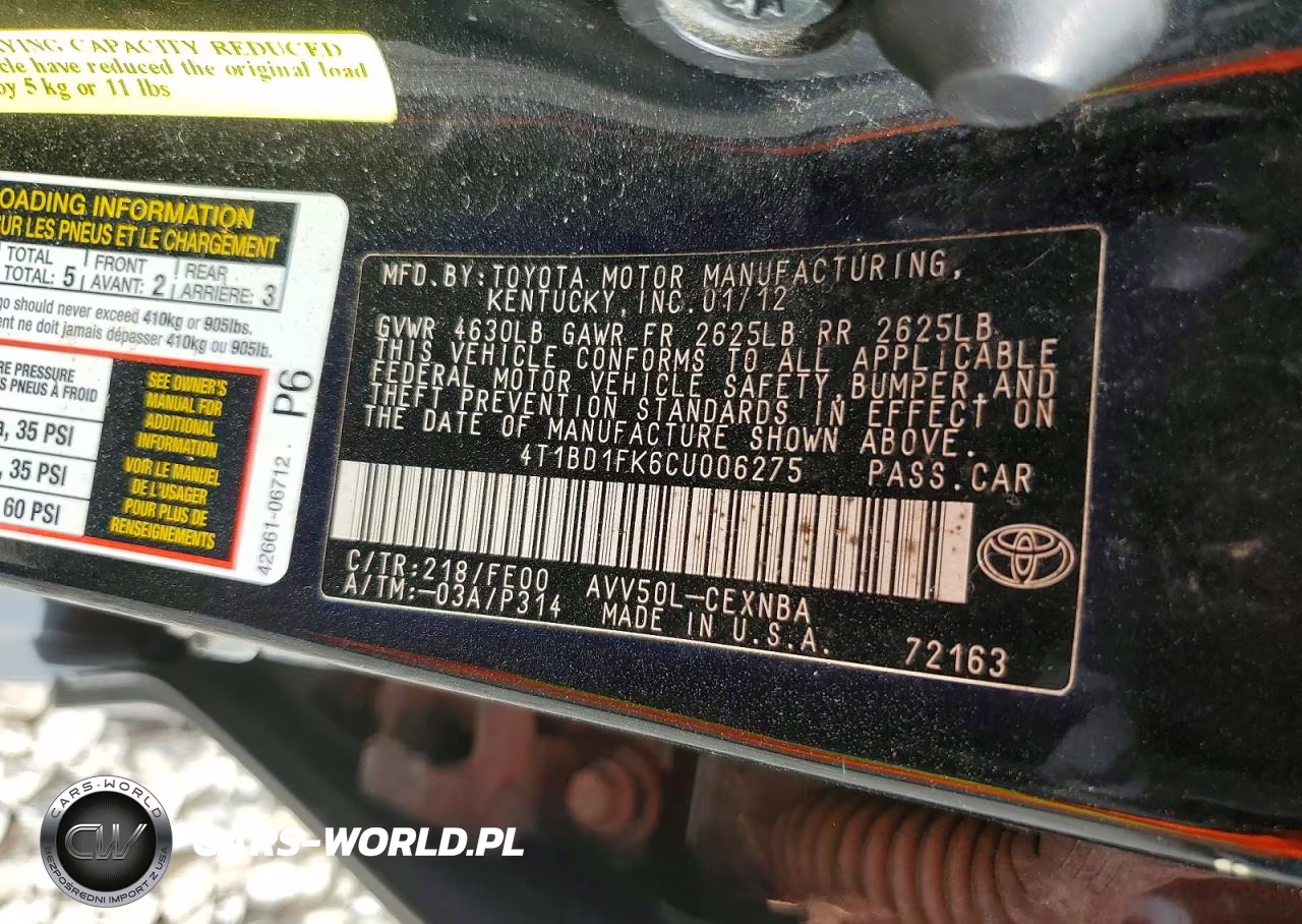 2012 Toyota Camry Hybrid Le VIN:4T1BD1FK6CU006275 - 12