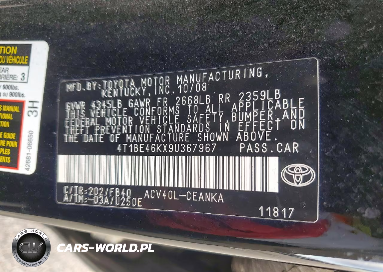 2009 Toyota Camry Le VIN:4T1BE46KX9U367967 - 12