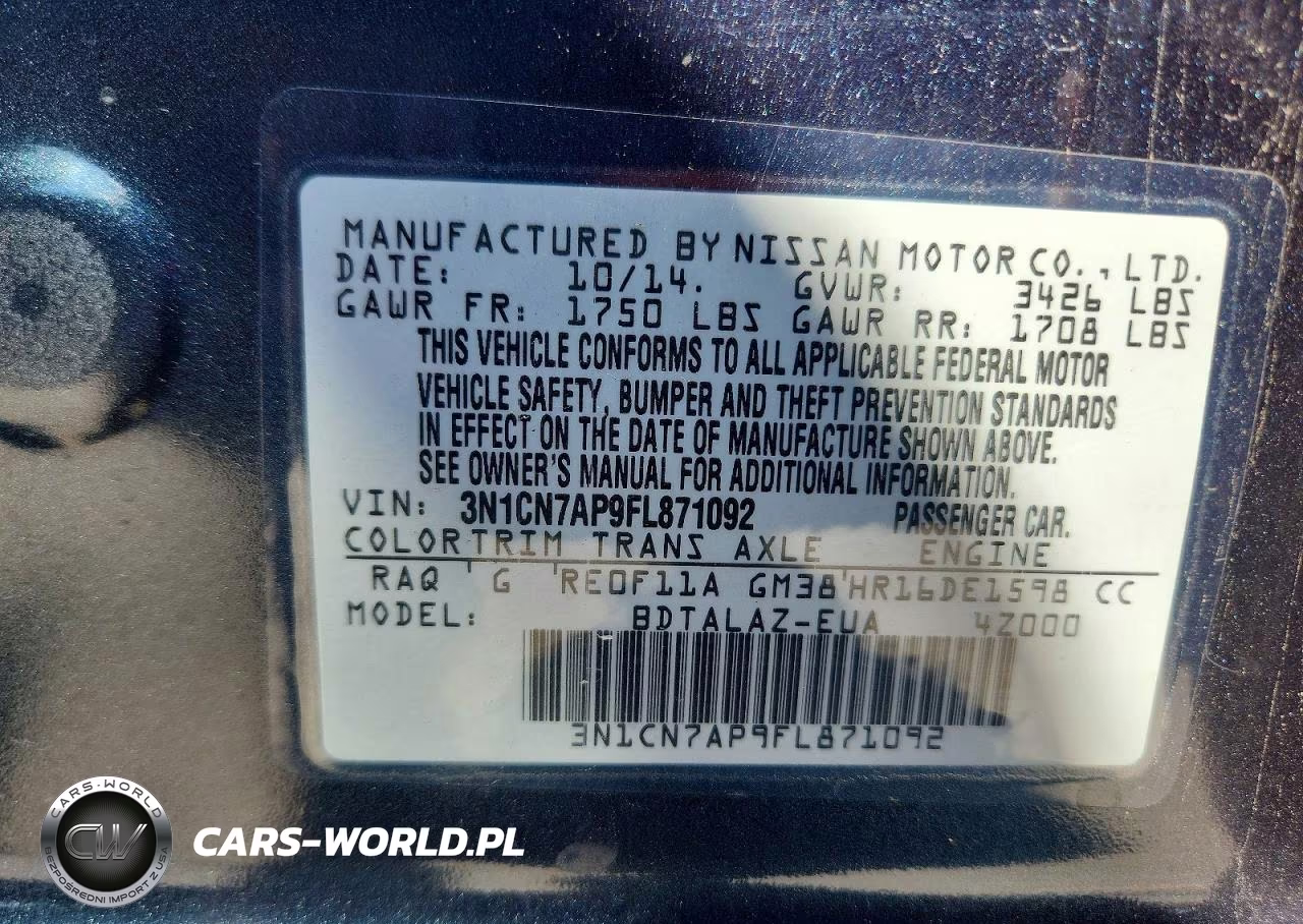 2015 Nissan Versa 1.6 S VIN:3N1CN7AP9FL871092 - 12