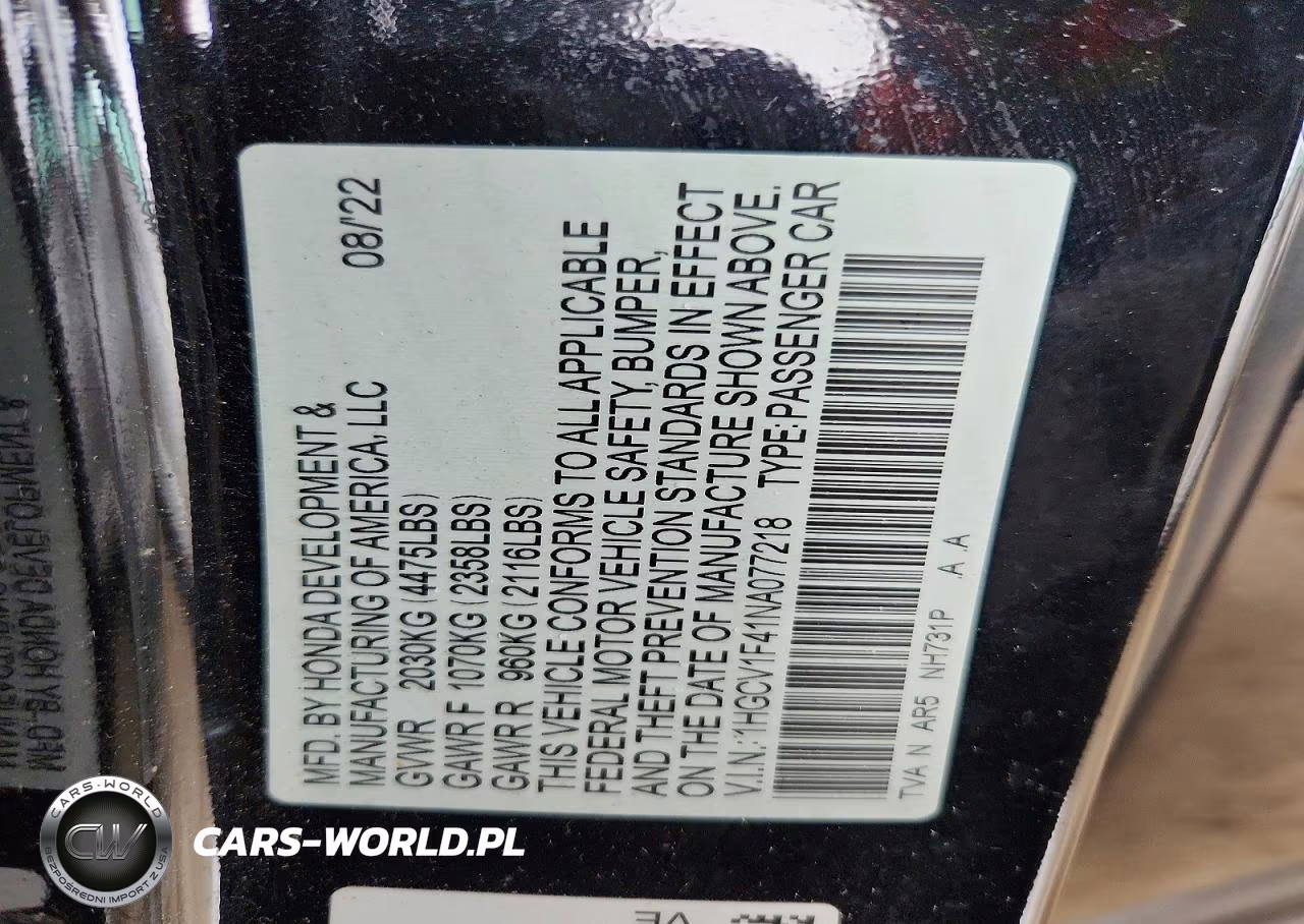 2022 Honda Accord Sport Se VIN:1HGCV1F41NA077218 - 12