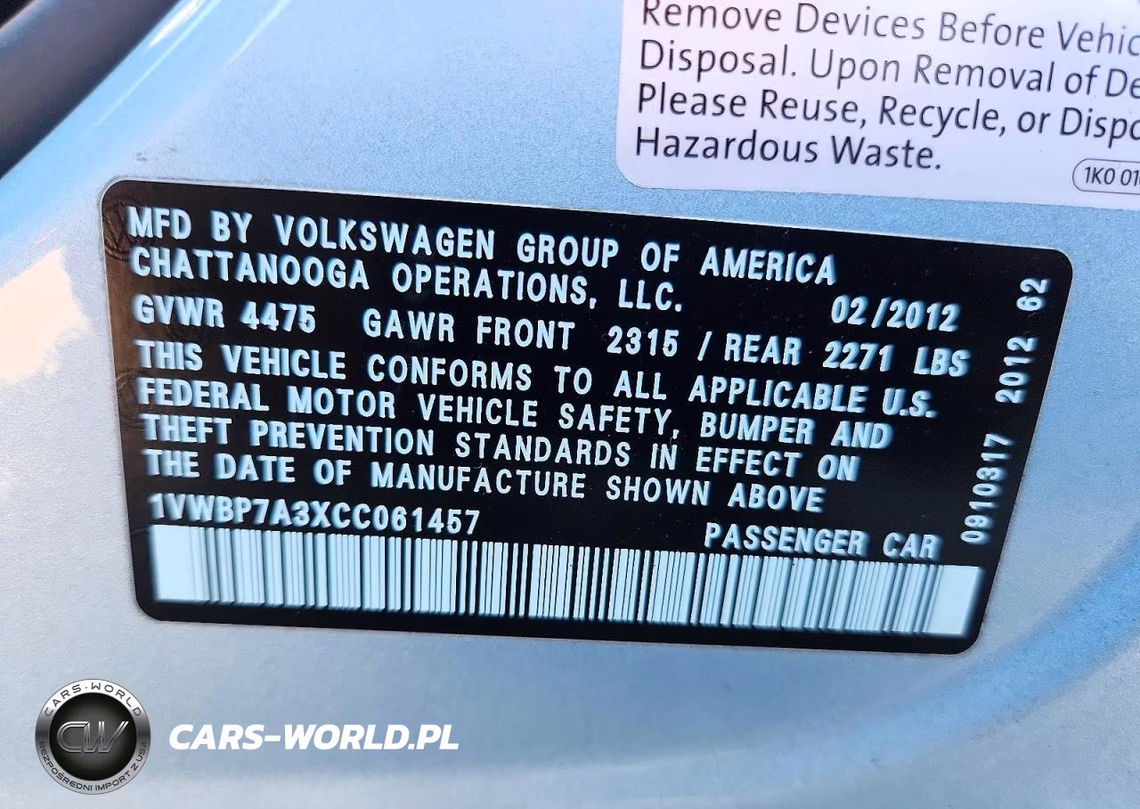 2012 Volkswagen Passat Se VIN:1VWBP7A3XCC061457 - 12