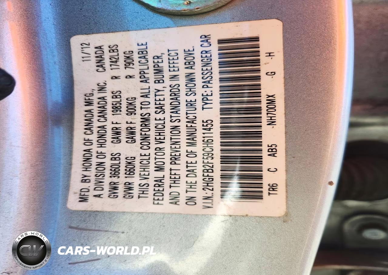2012 Honda Civic Lx VIN:2HGFB2F59CH611455 - 13