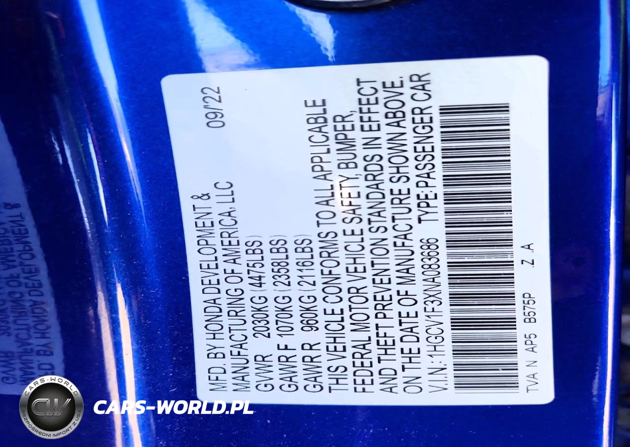 2022 Honda Accord Sport VIN:1HGCV1F3XNA083686 - 13