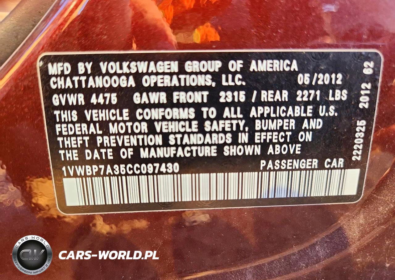 2012 Volkswagen Passat Se VIN:1VWBP7A35CC097430 - 12