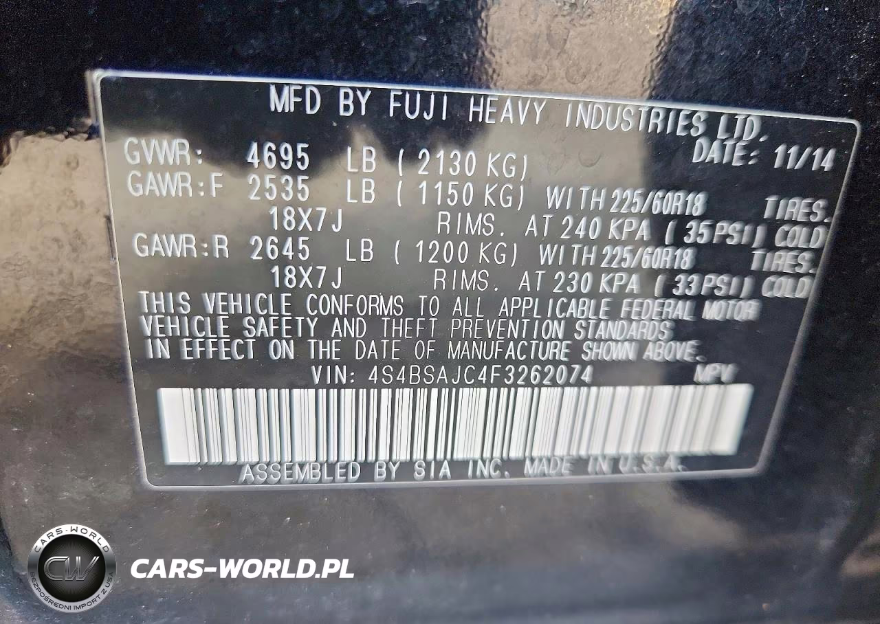 2015 Subaru Outback 2.5I Limited VIN:4S4BSAJC4F3262074 - 12