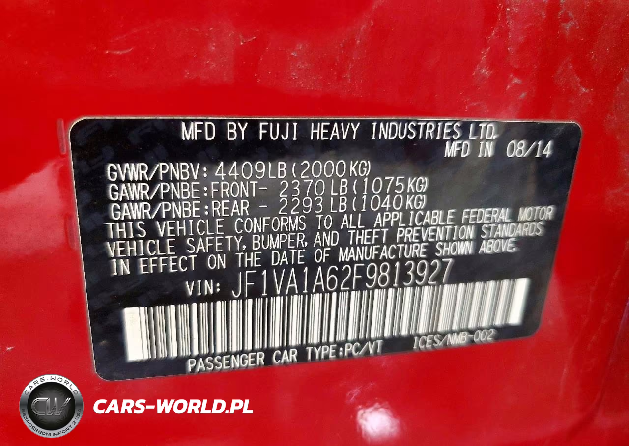 2015 Subaru Wrx VIN:JF1VA1A62F9813927 - 13
