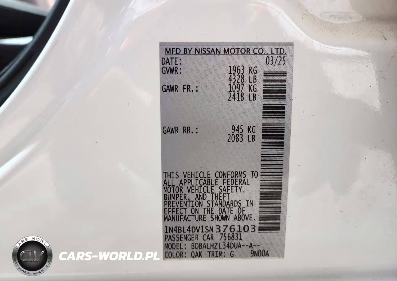 2025 Nissan Altima Sv VIN:1N4BL4DV1SN376103 - 12