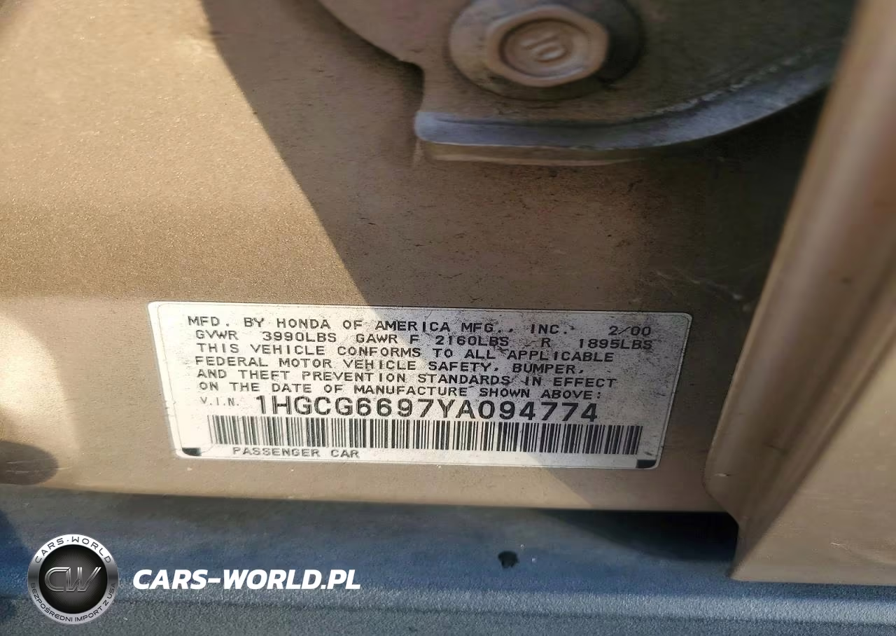 2000 Honda Accord Se VIN:1HGCG6697YA094774 - 12